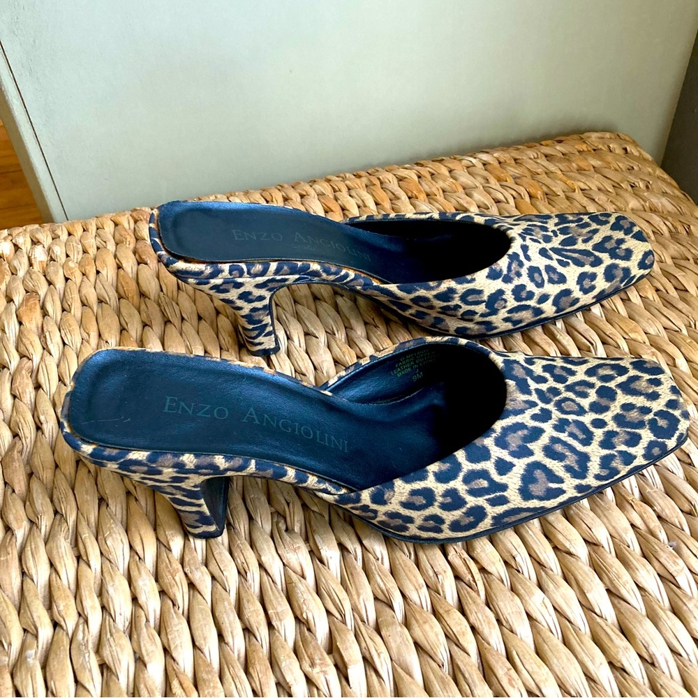Vintage Enzo Angiolini Cheetah Fabric Mules, Leather Sole, Size 9